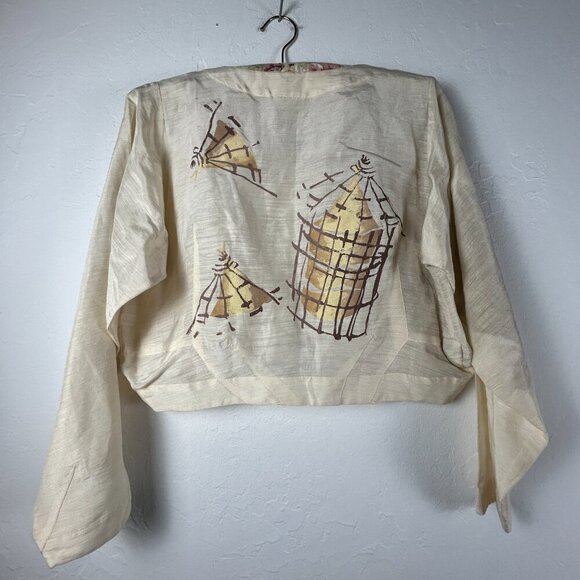 Vintage Blue Fish Ivory Hemp Silk Hand Printed Cropped Blazer Size 0 Lightweight - Picture 2 of 8